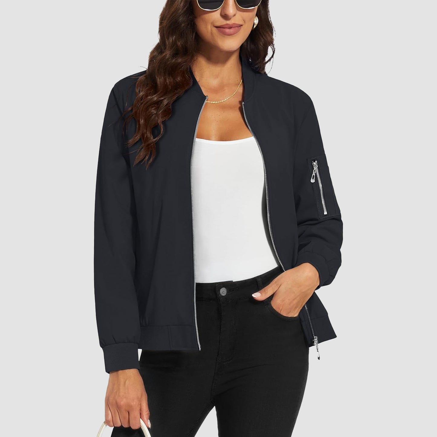 Women's Lightweight Bomber Jacket | 5-Pocket Zip-Up Windbreaker
