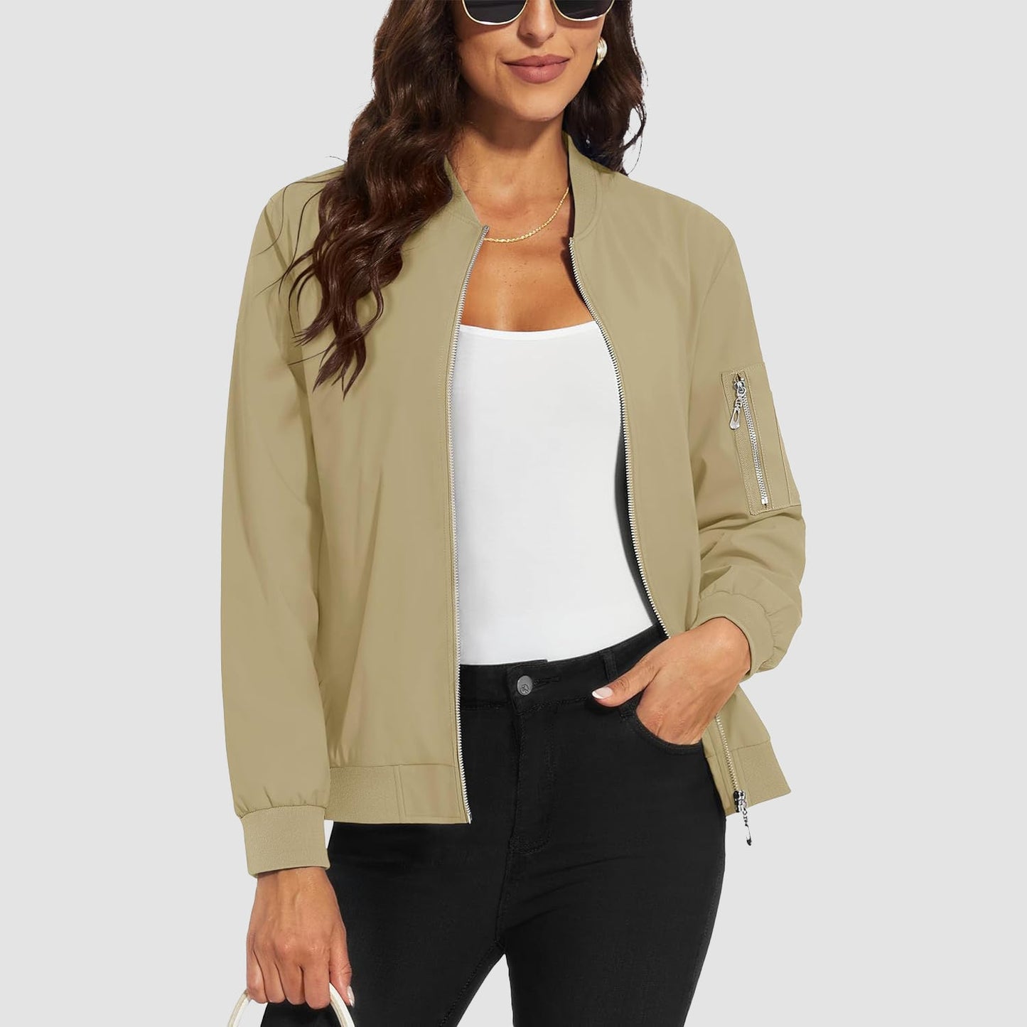 Women's Lightweight Bomber Jacket | 5-Pocket Zip-Up Windbreaker