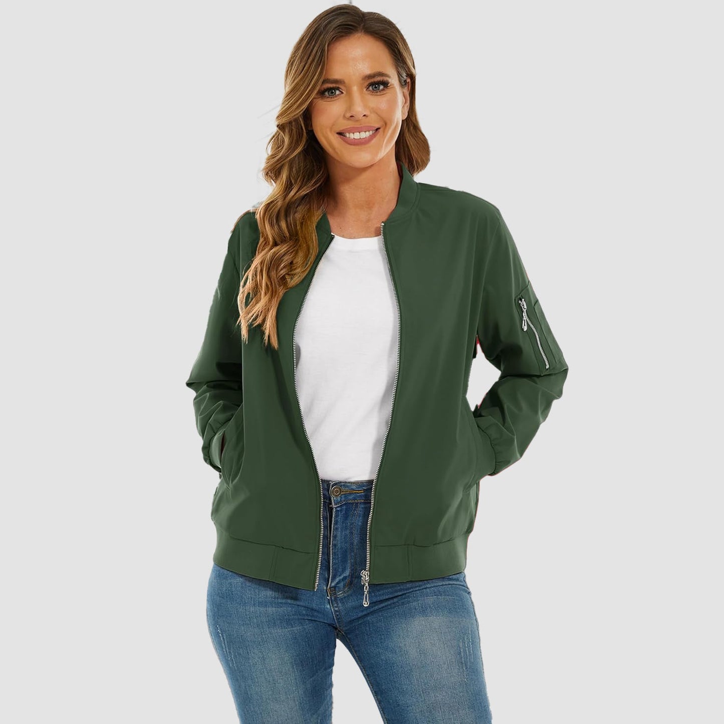 Women's Lightweight Bomber Jacket | 5-Pocket Zip-Up Windbreaker