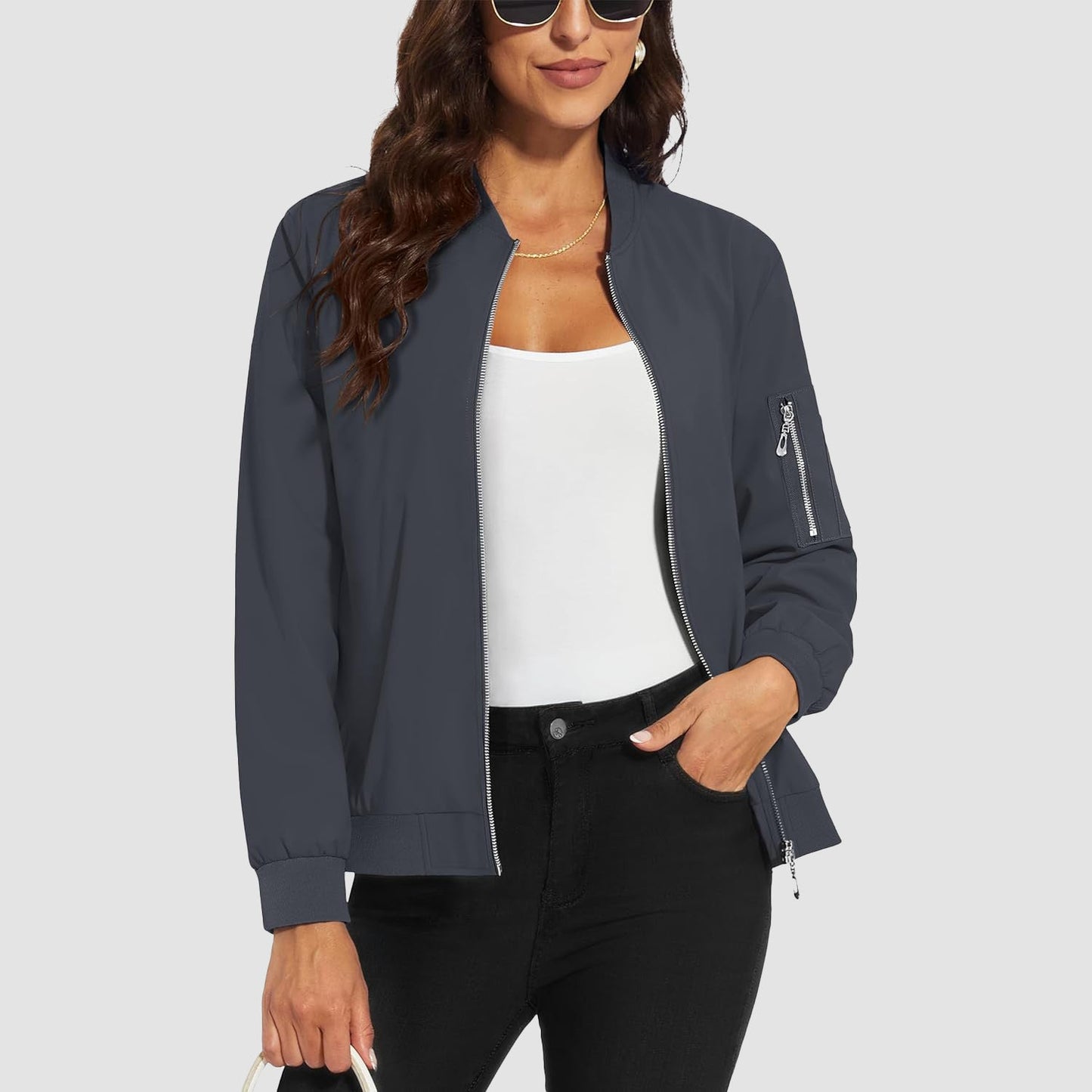 Women's Lightweight Bomber Jacket | 5-Pocket Zip-Up Windbreaker