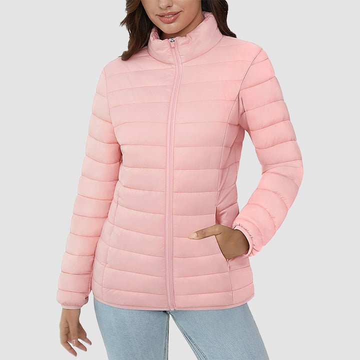 Women's Lightweight Puffer Jacket Stand Collar Full Zip Quilted Lined Winter Coat