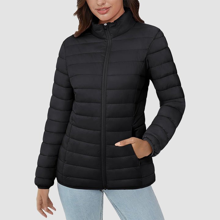 Women's Lightweight Puffer Jacket Stand Collar Full Zip Quilted Lined Winter Coat