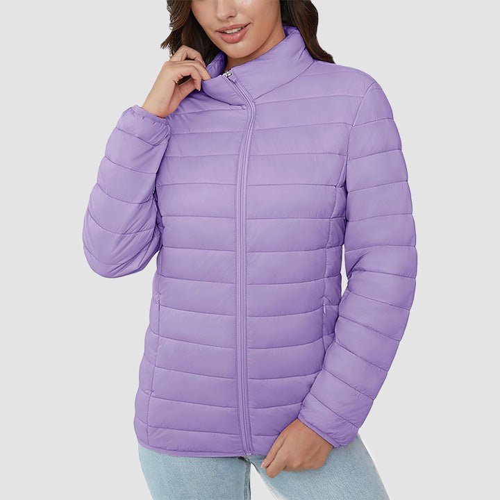 Women's Lightweight Puffer Jacket Stand Collar Full Zip Quilted Lined Winter Coat