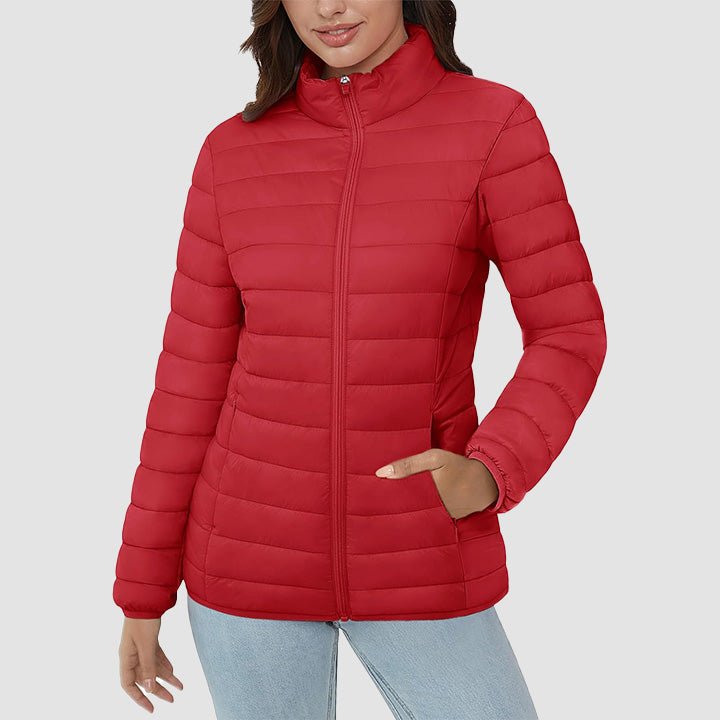 Women's Lightweight Puffer Jacket Stand Collar Full Zip Quilted Lined Winter Coat