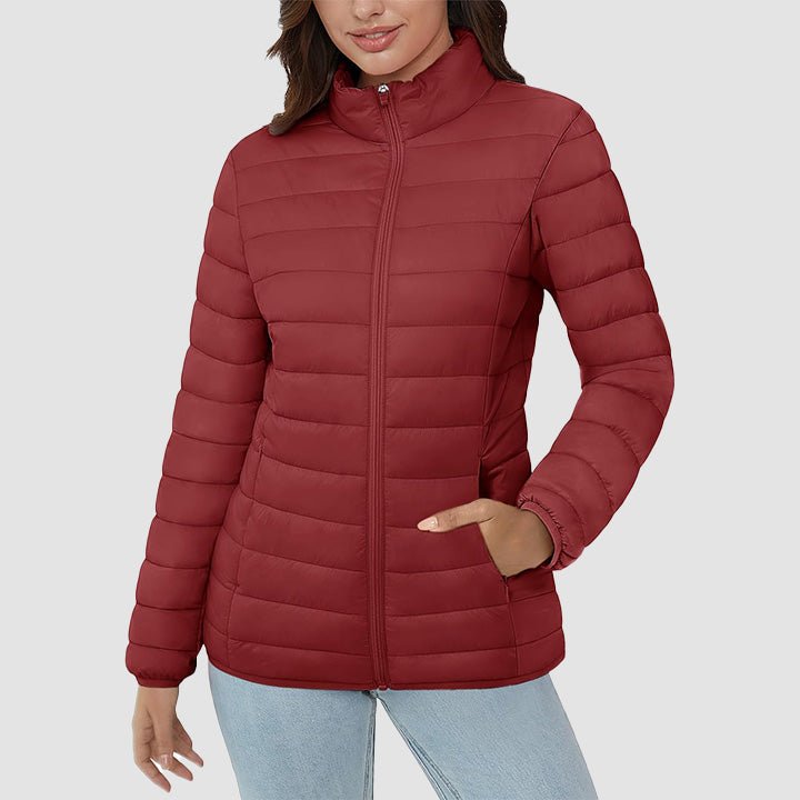 Women's Lightweight Puffer Jacket Stand Collar Full Zip Quilted Lined Winter Coat