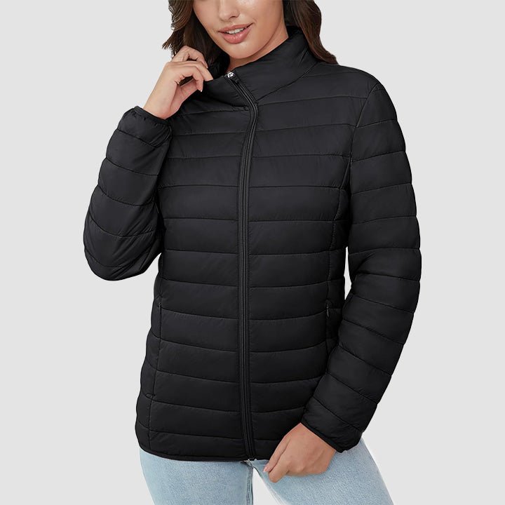 Women's Lightweight Puffer Jacket Stand Collar Full Zip Quilted Lined Winter Coat