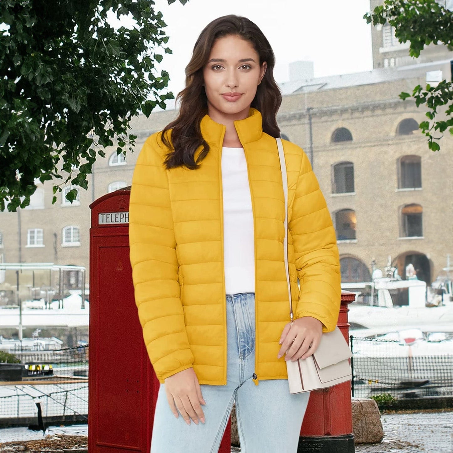Women's Lightweight Puffer Jacket Stand Collar Full Zip Quilted Lined Winter Coat