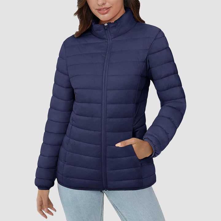 Women's Lightweight Puffer Jacket Stand Collar Full Zip Quilted Lined Winter Coat