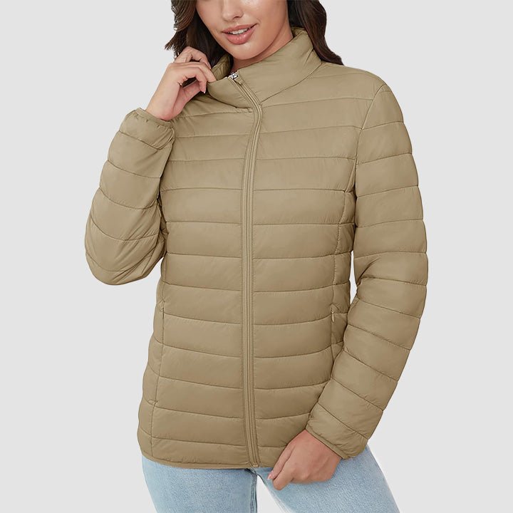 Women's Lightweight Puffer Jacket Stand Collar Full Zip Quilted Lined Winter Coat