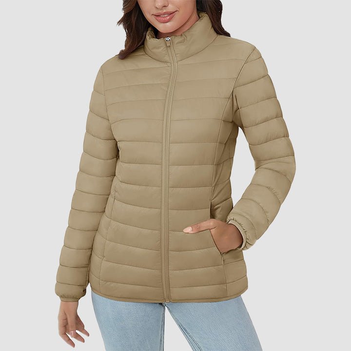 Women's Lightweight Puffer Jacket Stand Collar Full Zip Quilted Lined Winter Coat