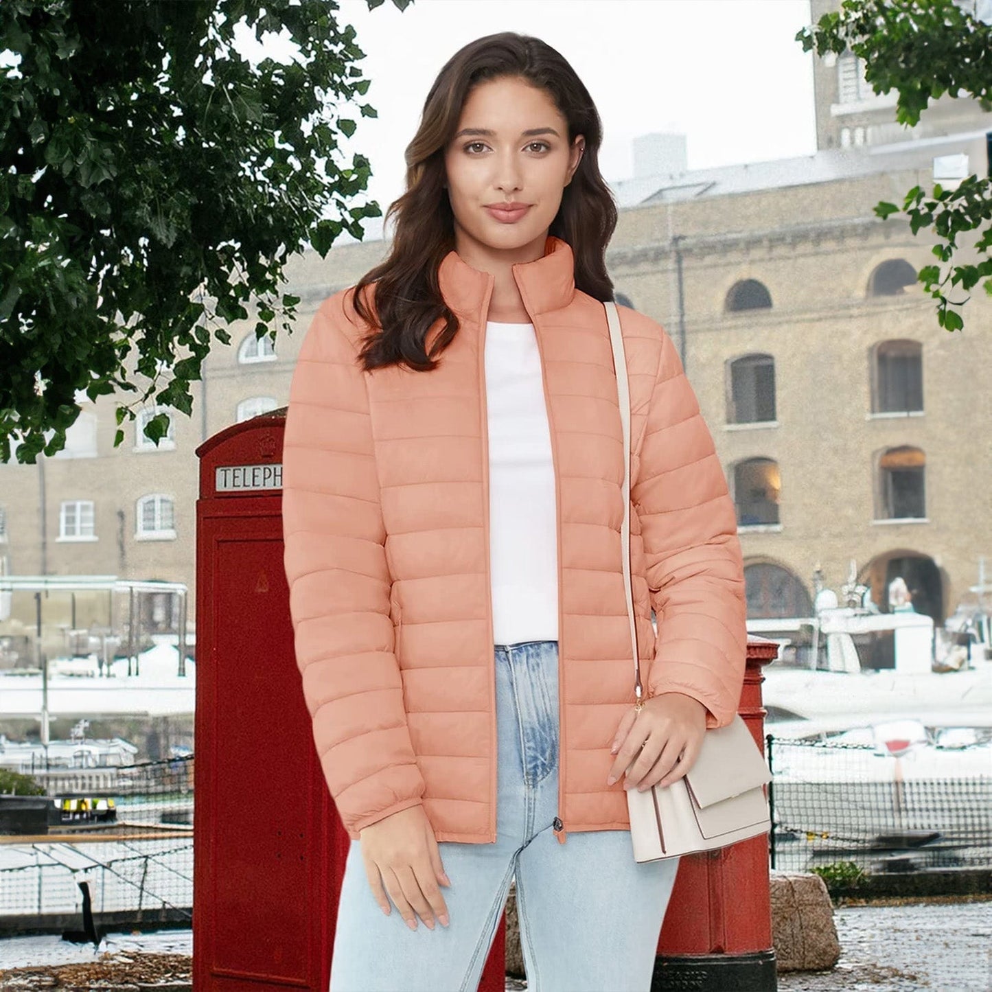 Women's Lightweight Puffer Jacket Stand Collar Full Zip Quilted Lined Winter Coat