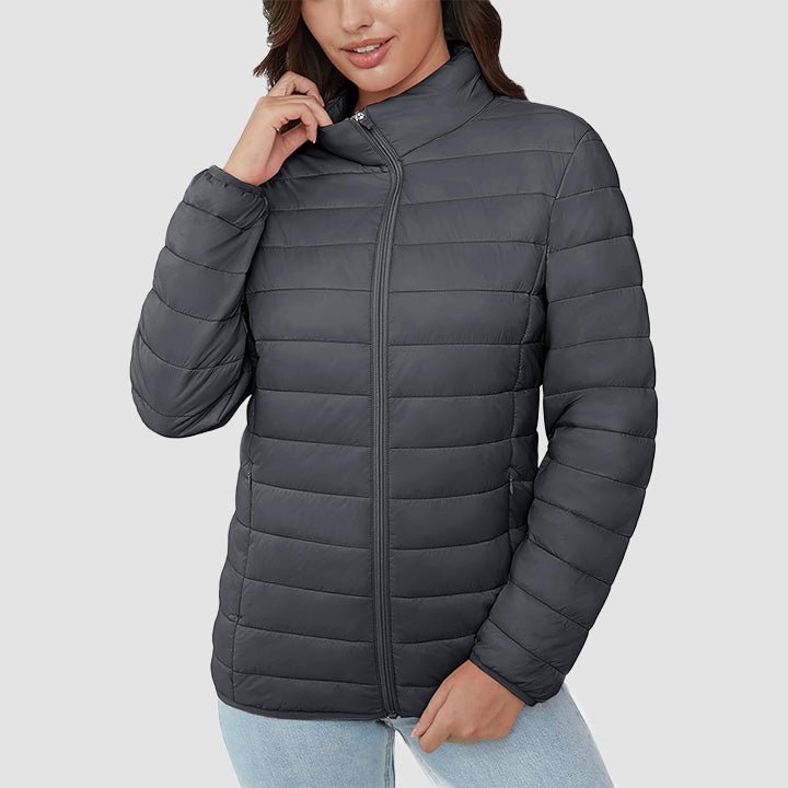 Women's Lightweight Puffer Jacket Stand Collar Full Zip Quilted Lined Winter Coat