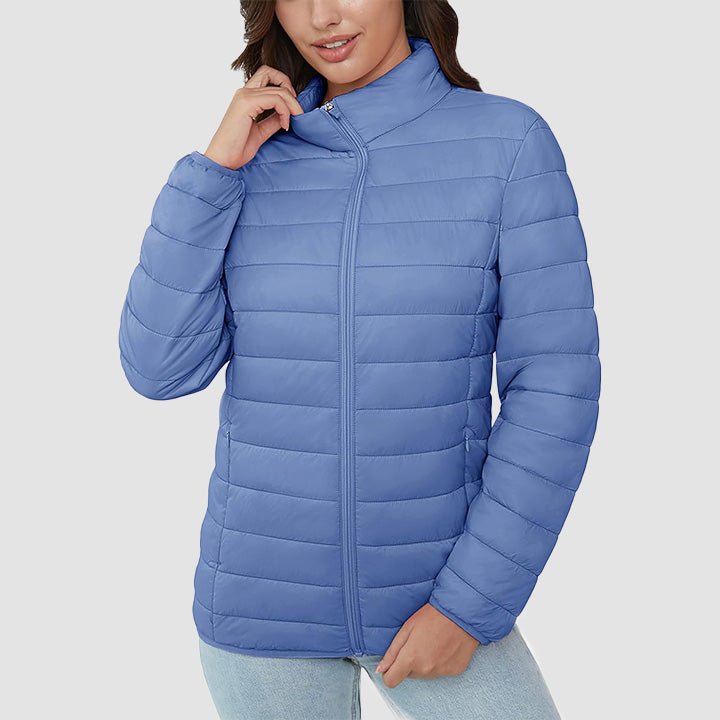 Women's Lightweight Puffer Jacket Stand Collar Full Zip Quilted Lined Winter Coat