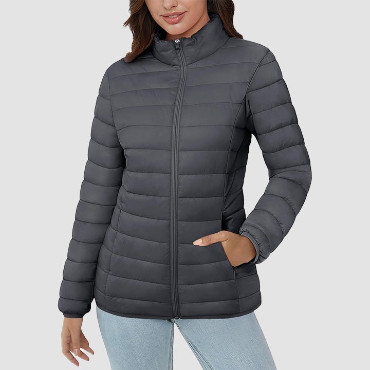 Women's Lightweight Puffer Jacket Stand Collar Full Zip Quilted Lined Winter Coat