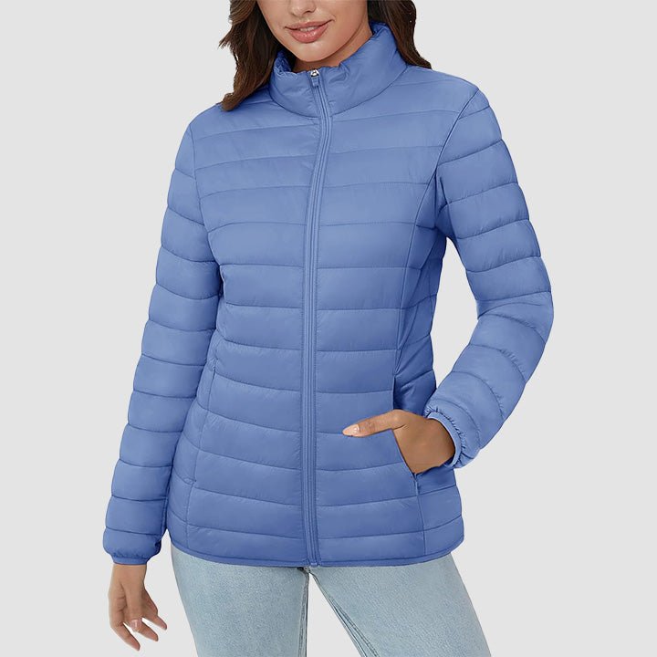 Women's Lightweight Puffer Jacket Stand Collar Full Zip Quilted Lined Winter Coat