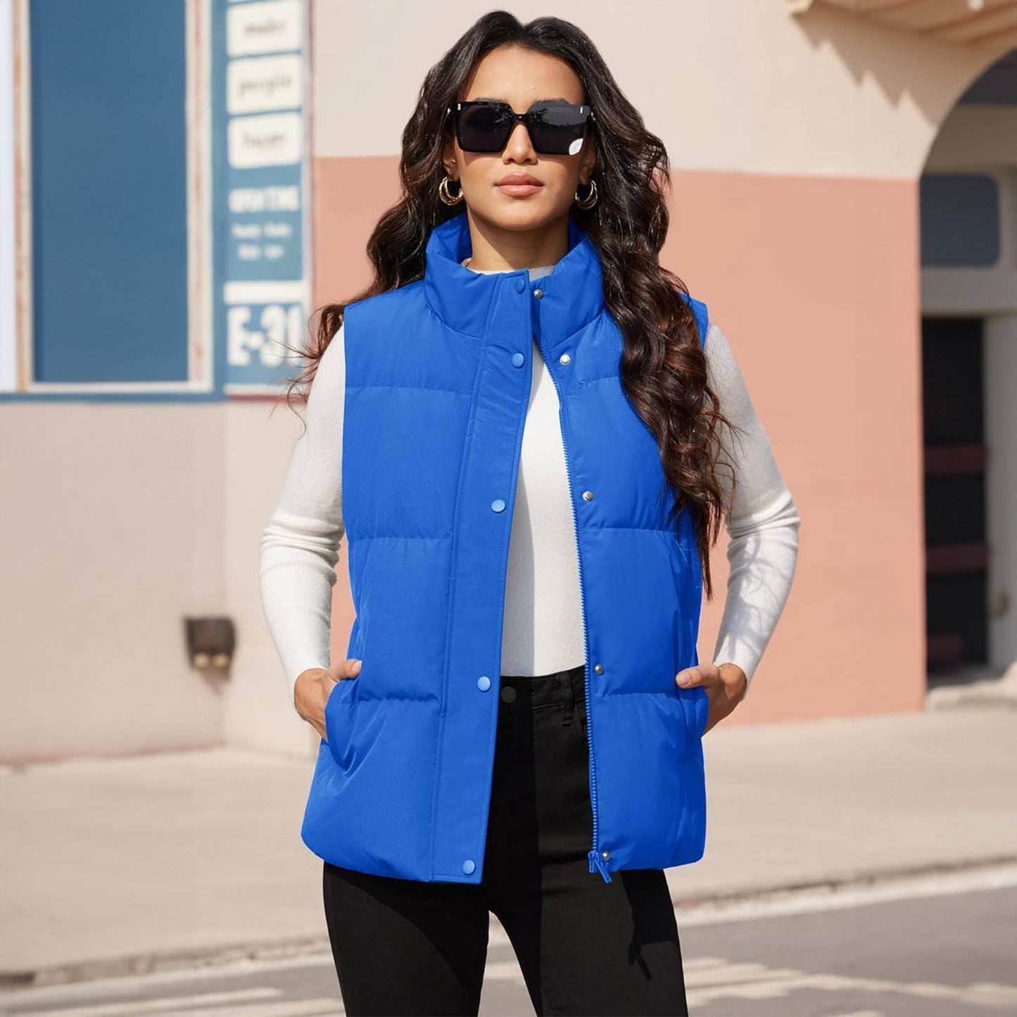 Women's Puffer Down Vest Oversized Zip Up Outerwear Lightweight Winter Padded Gilet Jacket with Pockets