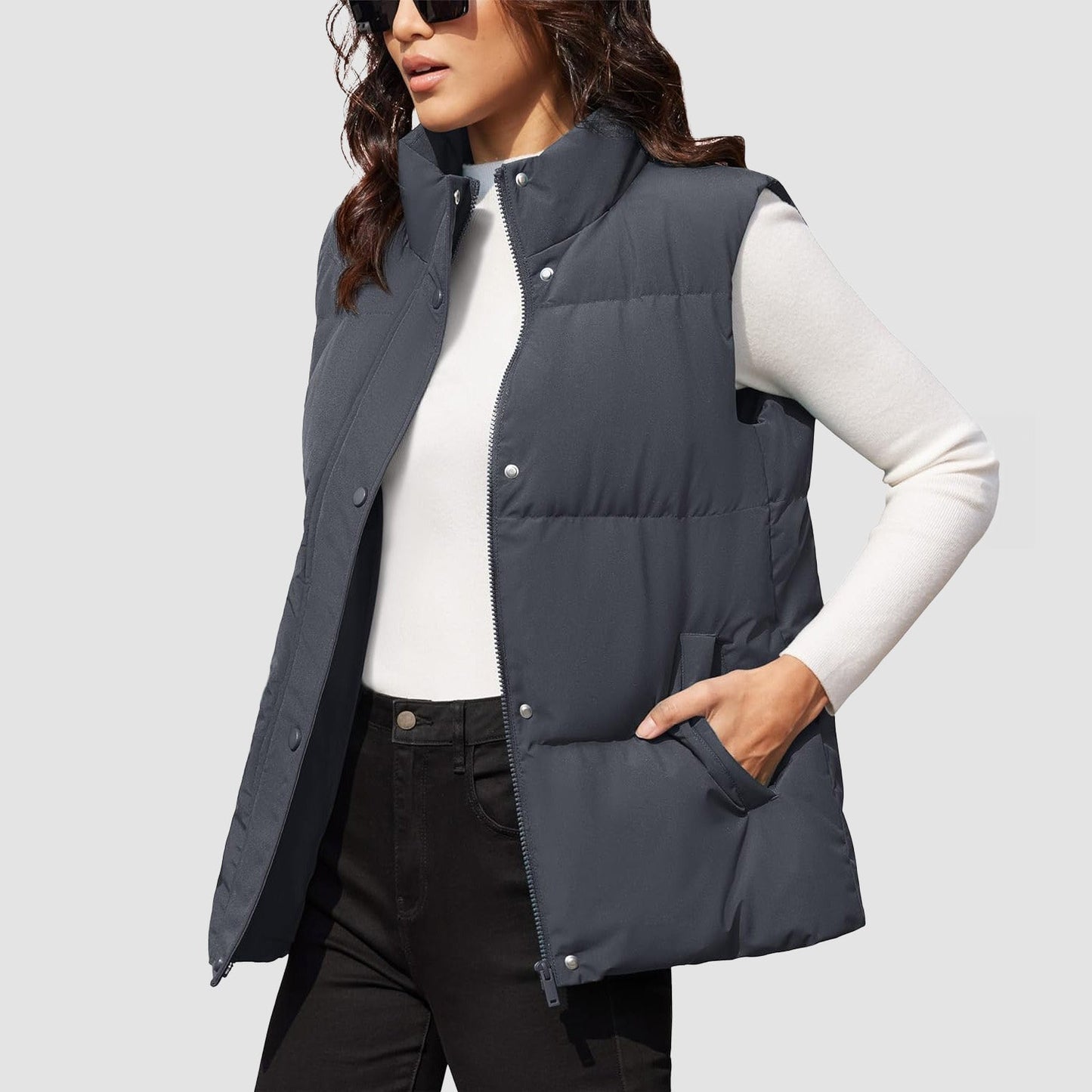 Women's Puffer Down Vest Oversized Zip Up Outerwear Lightweight Winter Padded Gilet Jacket with Pockets