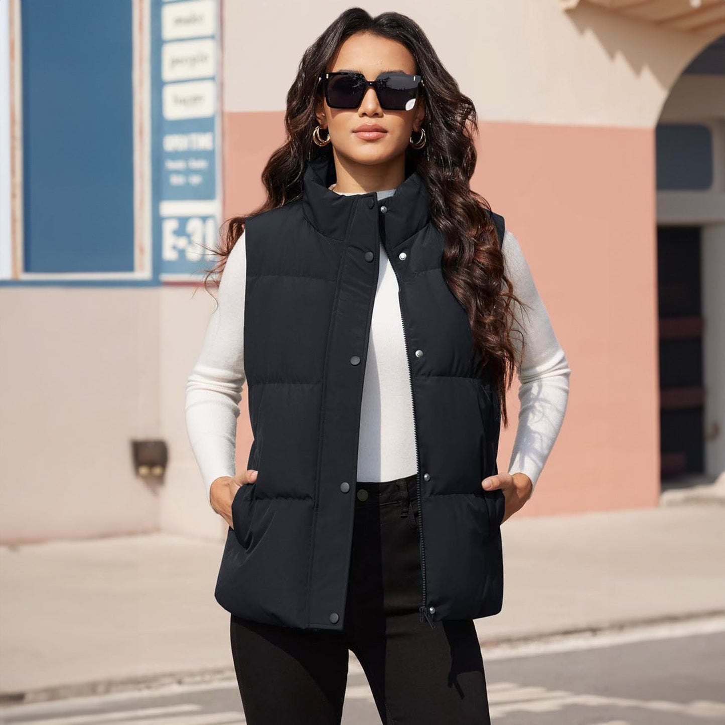 Women's Puffer Down Vest Oversized Zip Up Outerwear Lightweight Winter Padded Gilet Jacket with Pockets