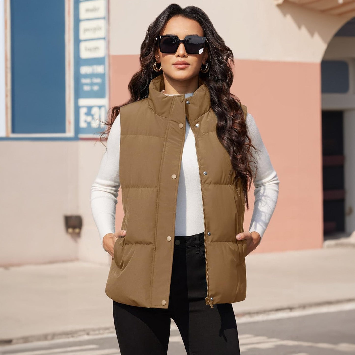 Women's Puffer Down Vest Oversized Zip Up Outerwear Lightweight Winter Padded Gilet Jacket with Pockets