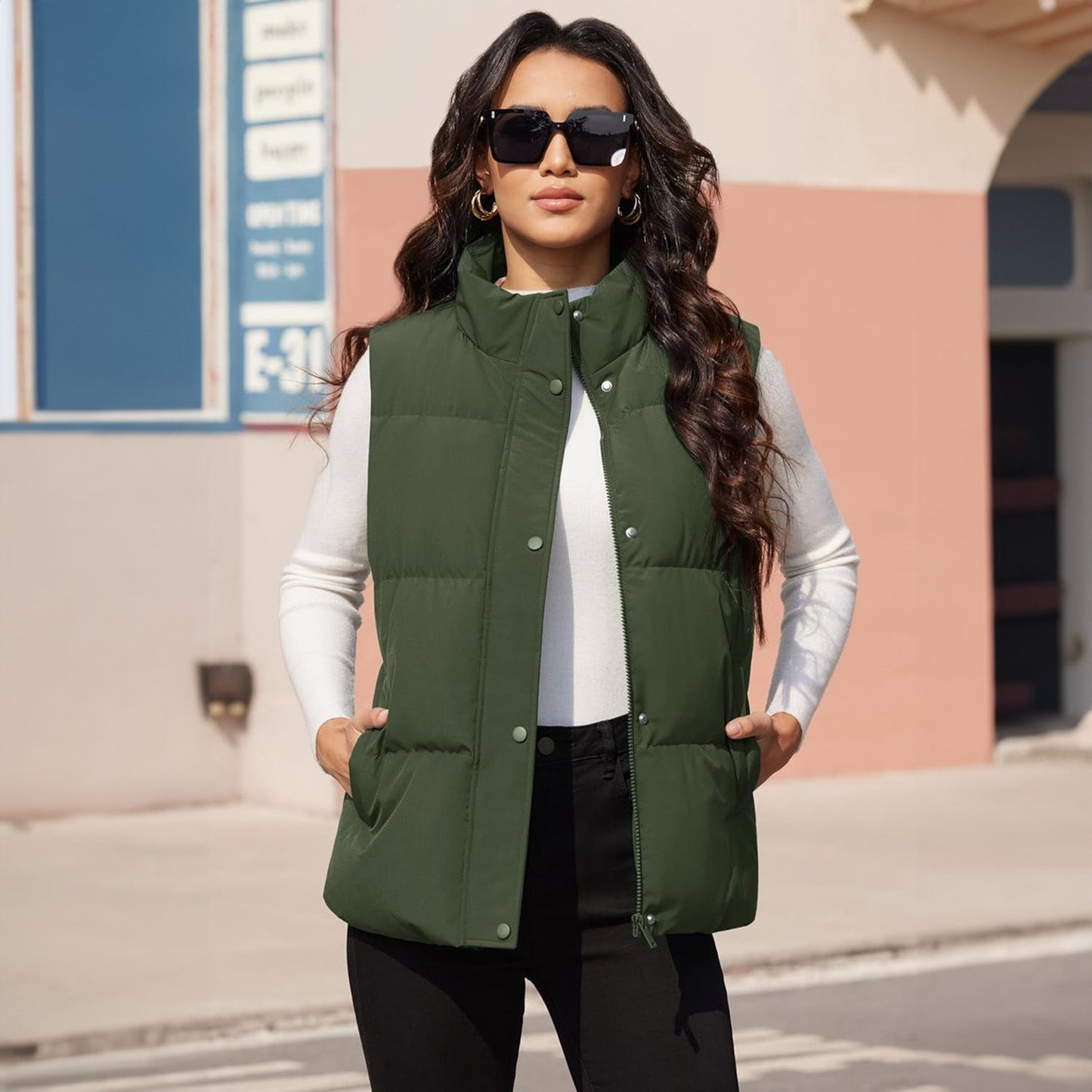 Women's Puffer Down Vest Oversized Zip Up Outerwear Lightweight Winter Padded Gilet Jacket with Pockets