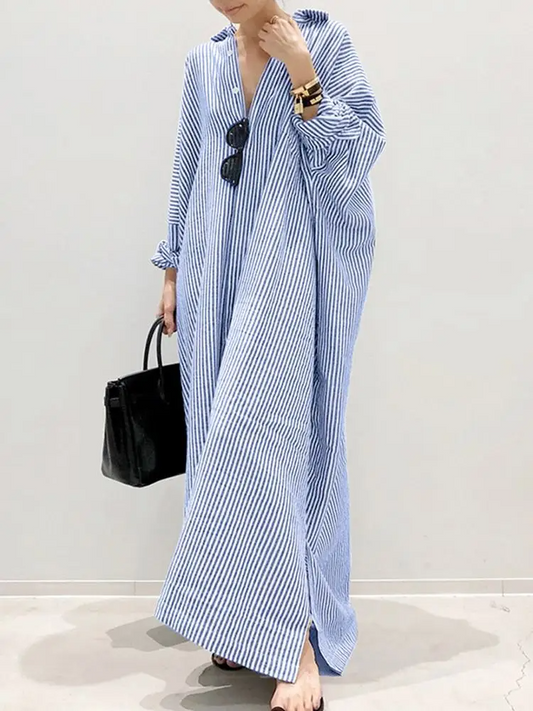 Alyssa™ - Vestido longo estampado com listras e mangas bufantes