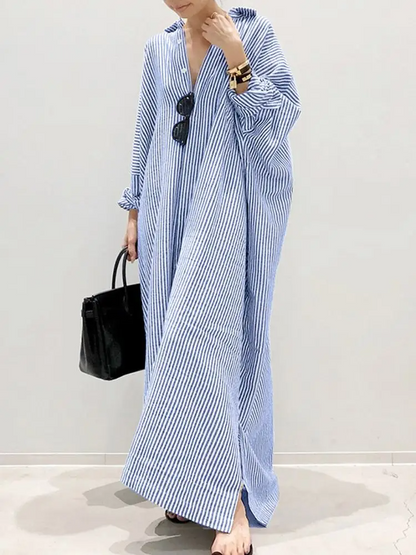 Alyssa™ - Vestido longo estampado com listras e mangas bufantes