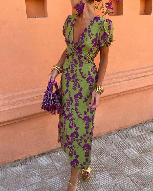 Aria™ - Vestido elegante com decote em V profundo e padrão de folhas