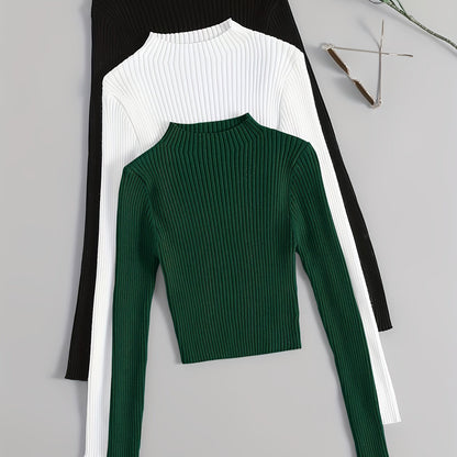 Solid Mock Neck Rib Knit Top 3-Pack - Casual Long Sleeve Slim Sweater