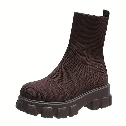 Kurze Stiefel mit dicker Sohle für Damen, gestrickte Sockenschuhe mit runder Spitze