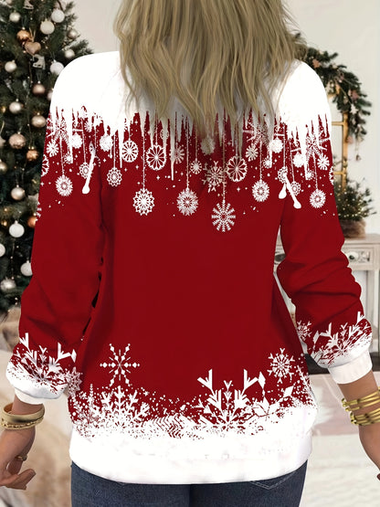 Snowflakes Print Pullover Sweatshirt, Casual Crew Neck for Fall & Winter
