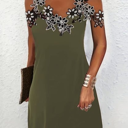 Vestido com ombros descobertos e apliques florais, decote em V, vestido casual para festas.
