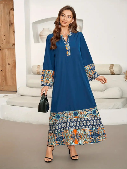 Ramadan Ethnic Print Kaftan – Elegant Long Sleeve Maxi Dress