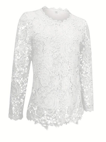 T-Shirt mit Guipure-Spitze und Muschelbesatz, elegantes Langarmshirt für Frühling/Herbst.