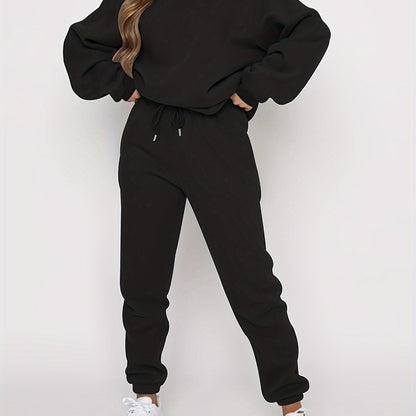 Solid Casual Two-piece Set, Crew Neck Top & Drawstring Jogger Pants