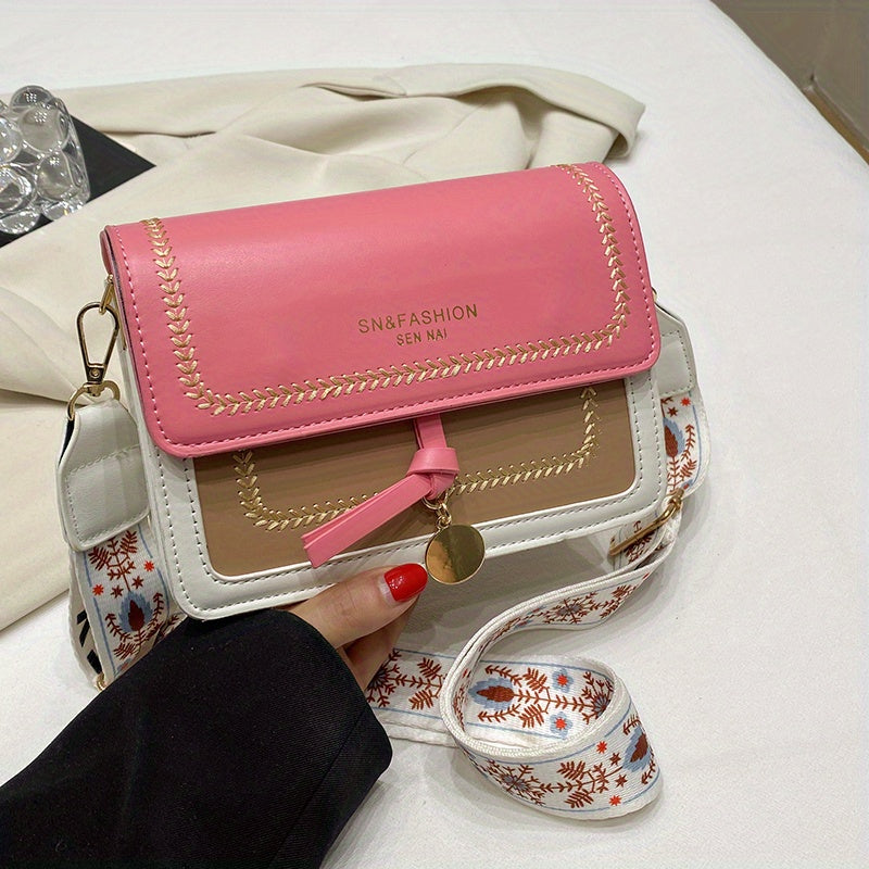 Bolsa de ombro com aba da moda, bolsa feminina com fivela decorativa e alça larga