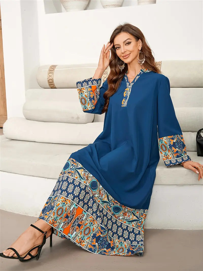 Ramadan Ethnic Print Kaftan – Elegant Long Sleeve Maxi Dress