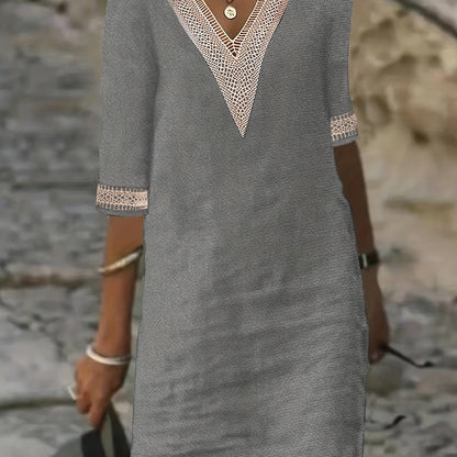Guipure Lace V-Neck Dress, Casual Short Sleeve for Spring & Summer.