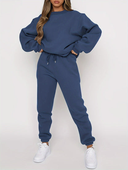 Solid Casual Two-piece Set, Crew Neck Top & Drawstring Jogger Pants