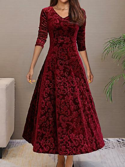 Vestido longo liso, decote em V, manga comprida, estilo elegante para primavera/outono.