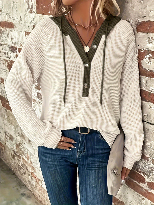 Color Block Hoodie, Button Front, Long Sleeve, Casual Sweatshirt for Women.