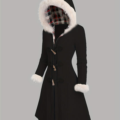 Y2K Plaid Hooded Knit Coat with Faux Fur Trim, Horn Buttons, Long & Warm