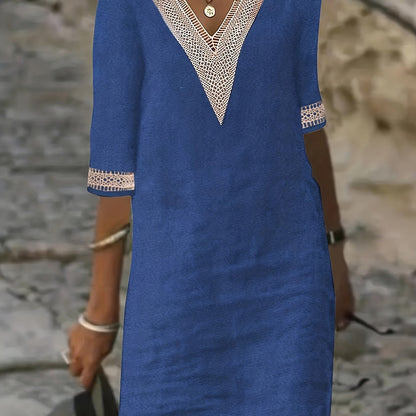 Guipure Lace V-Neck Dress, Casual Short Sleeve for Spring & Summer.