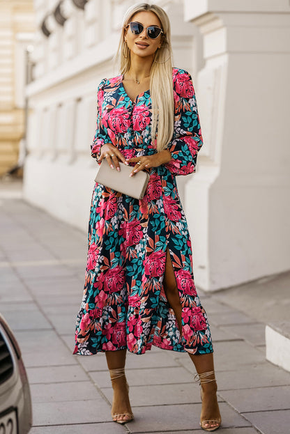 Vestido floral com decote em V elástico cintura alta e fenda