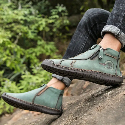 Men's Handmade Boots, Classic Stitching Ankle Boots, Outdoor Casual Zipper Shoes