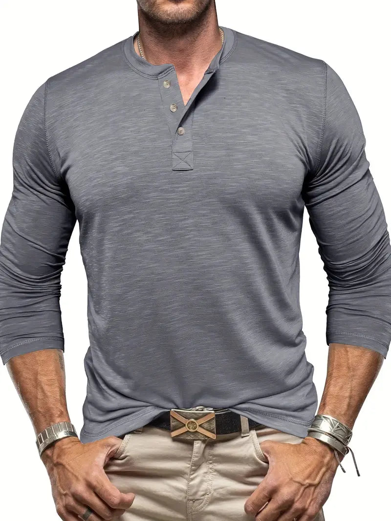 Camiseta masculina de manga comprida com gola Henry e três fivelas
