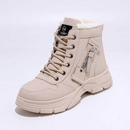 Botas de neve quentes de inverno femininas com zíper lateral - Sola grossa confortável, tênis de cano alto em cor sólida, botas de neve, sapatos para atividades ao ar livre