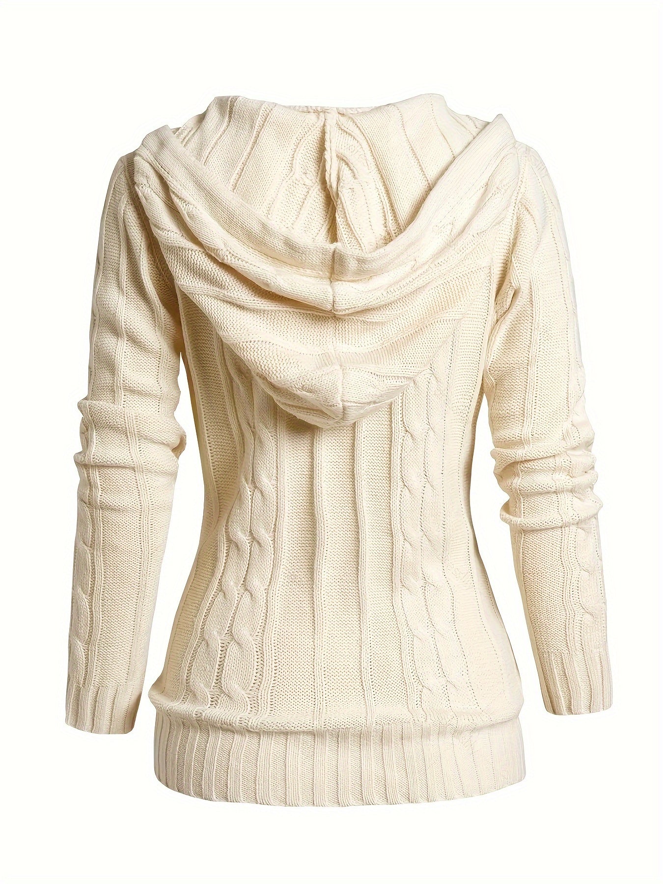 Cardigan de malha com capuz e cordão sólido - Casual com botões e bolsos