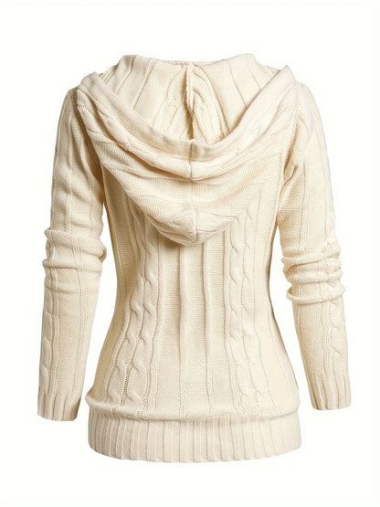 Cardigan de malha com capuz e cordão sólido - Casual com botões e bolsos
