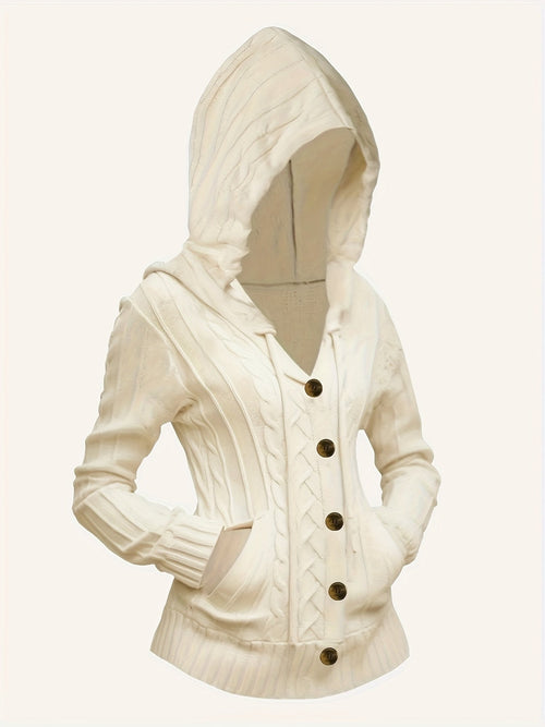 Cardigan de malha com capuz e cordão sólido - Casual com botões e bolsos