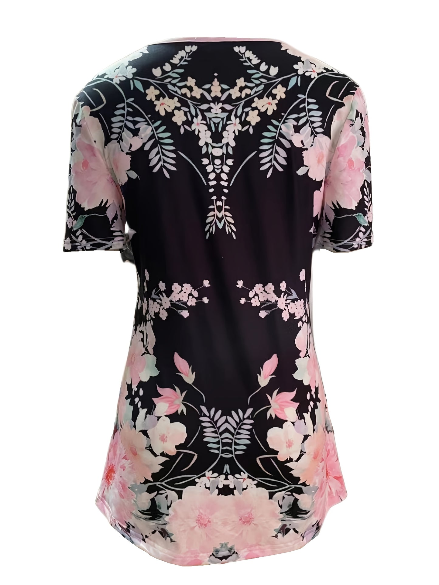[Floral T-Shirt] Summer Floral Print Women's V-Neck T-Shirt | Layered Black & Pink Casual Short Sleeve Top, Machine Washable Polyester Blend | Versatile Layering Piece, Button Detail, Stretch Fabric